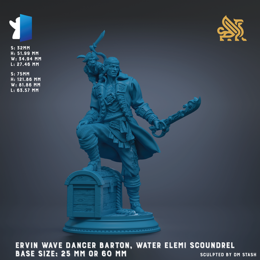 A blue statue of a pirate character, specifically the Evin wave dancer, holding a sword and a parrot. The statue is described as a base size of 25 mm or 60 mm.