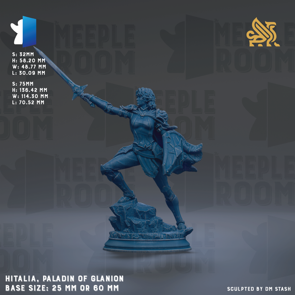 a blue statue of a female warrior, specifically a paladin of Glionion, standing on a rock and holding a sword. The statue is of a base size of 25mm or 60mm.