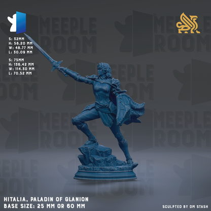 a blue statue of a female warrior, specifically a paladin of Glionion, standing on a rock and holding a sword. The statue is of a base size of 25mm or 60mm.