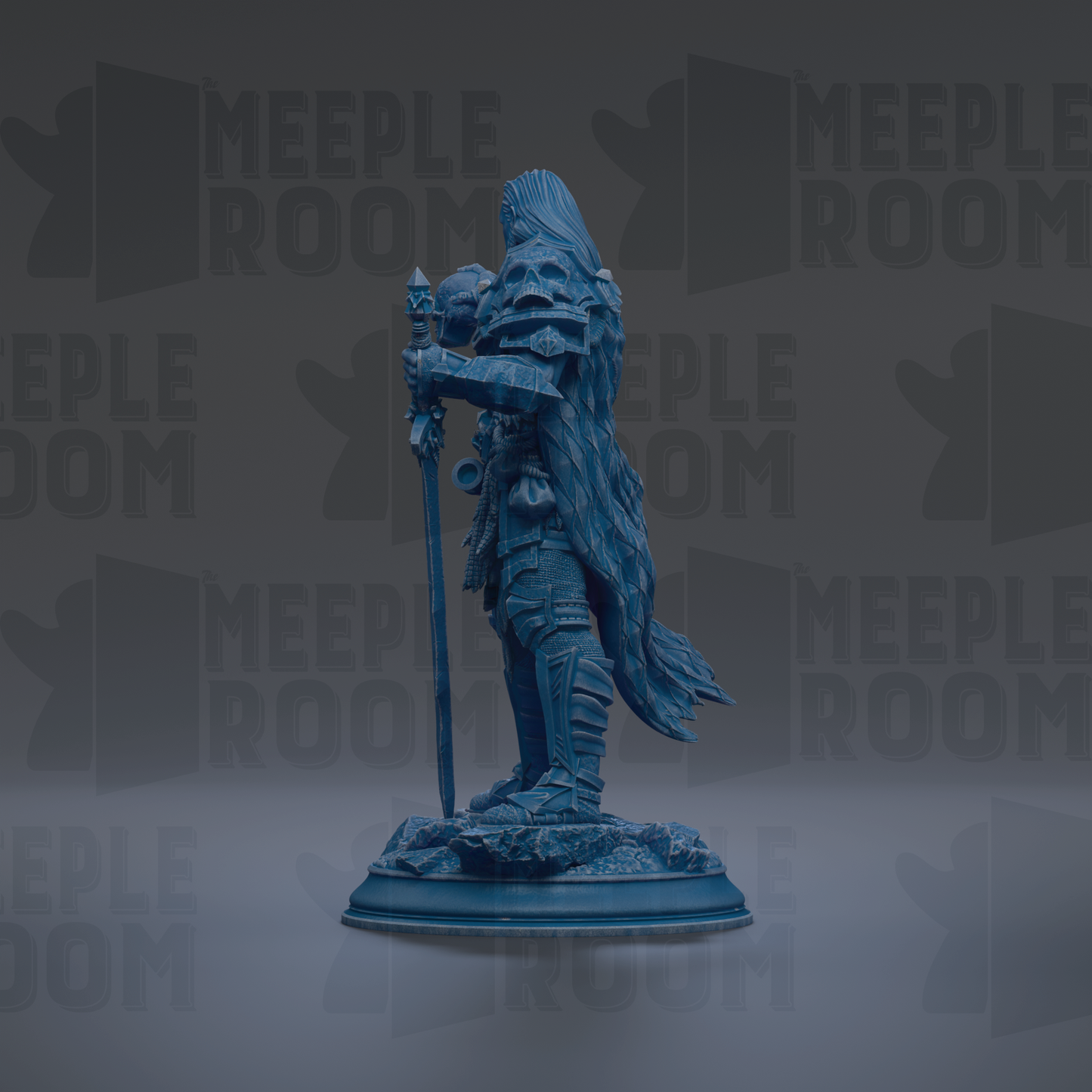 A blue statue of a warrior figure holding a sword and shield, standing on a pedestal against a dark background with repeated text.