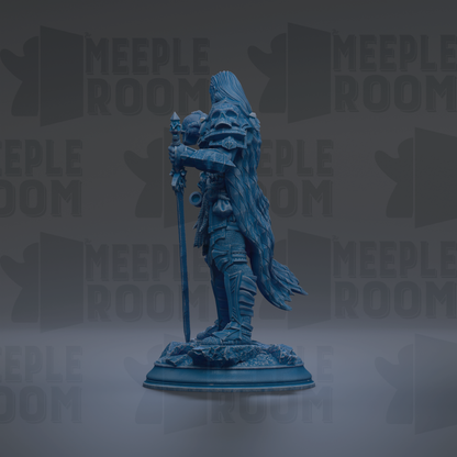 A blue statue of a warrior figure holding a sword and shield, standing on a pedestal against a dark background with repeated text.