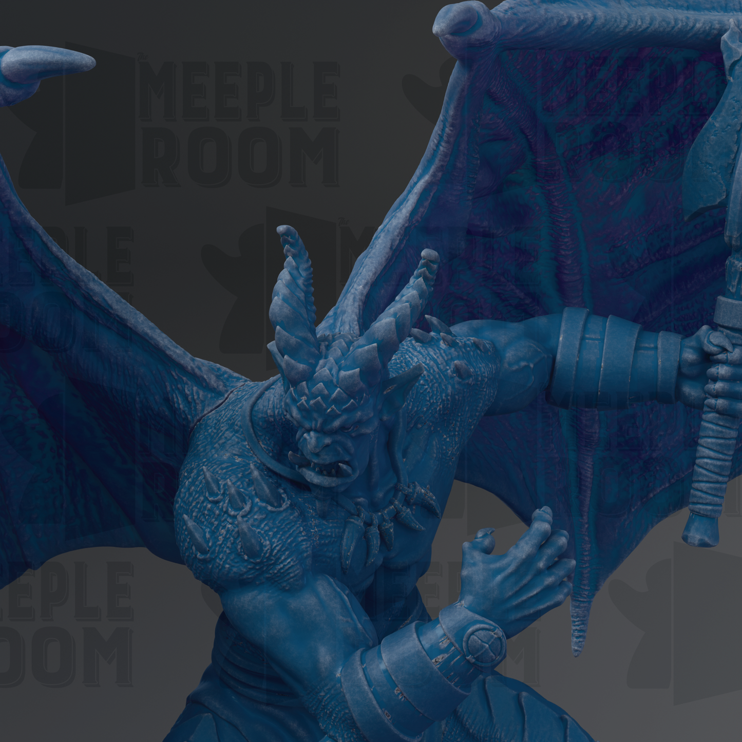 A close-up of a blue, winged creature with sharp teeth and claws, appearing to be a fierce-looking monster or dragon.