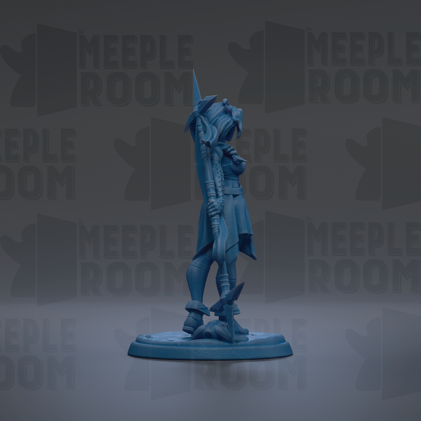 A blue figurine of a person standing on a platform, holding a sword in their right hand.