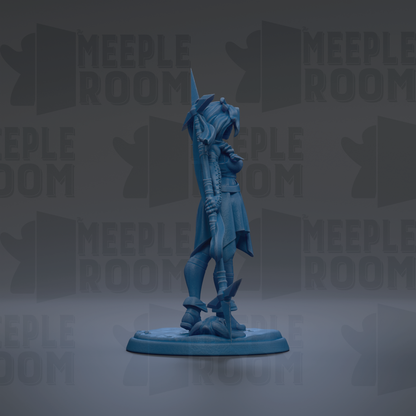 A blue figurine of a person standing on a platform, holding a sword in their right hand.