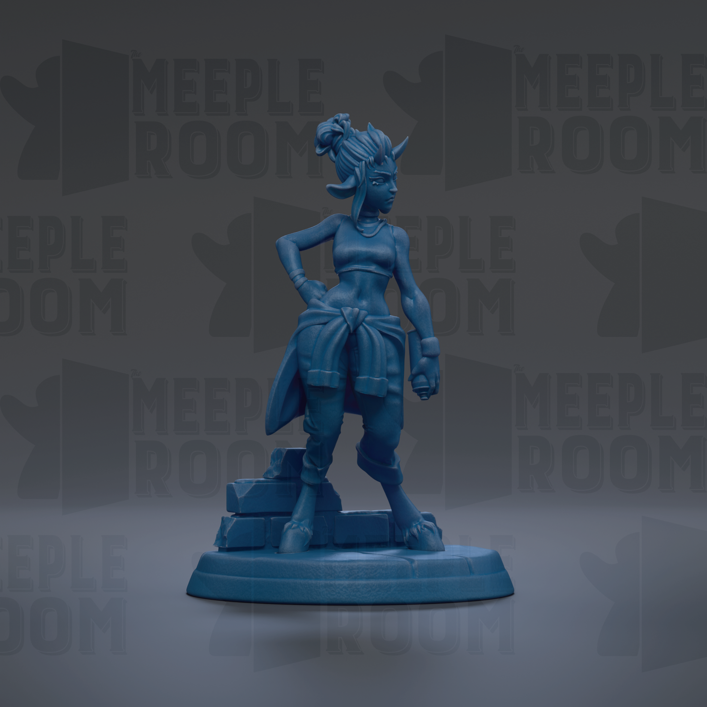 A blue figurine of a female character with horns and a flowing skirt, standing on a platform against a dark background with repeated text.