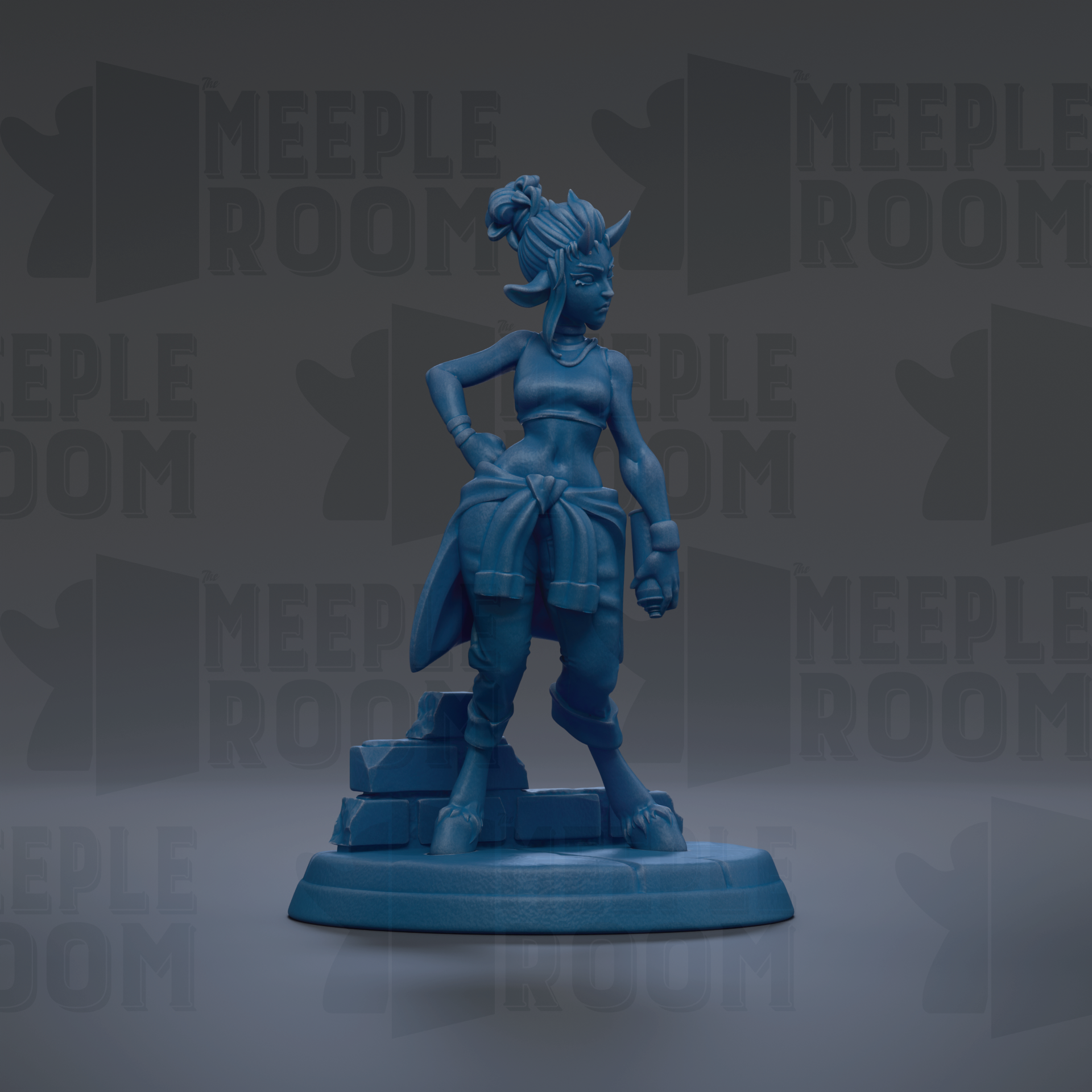 A blue figurine of a female character with horns and a flowing skirt, standing on a platform against a dark background with repeated text.