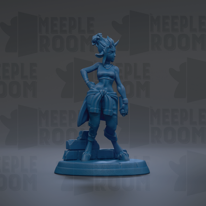 A blue figurine of a female character with horns and a flowing skirt, standing on a platform against a dark background with repeated text.