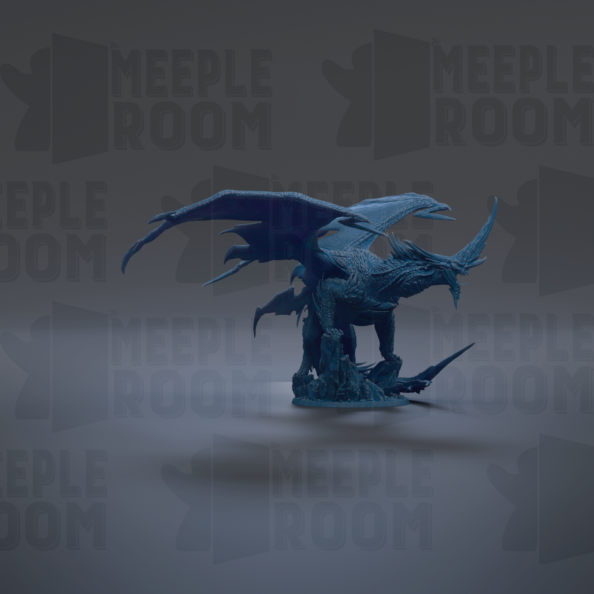 A blue dragon figurine is shown against a dark background with repeated text.