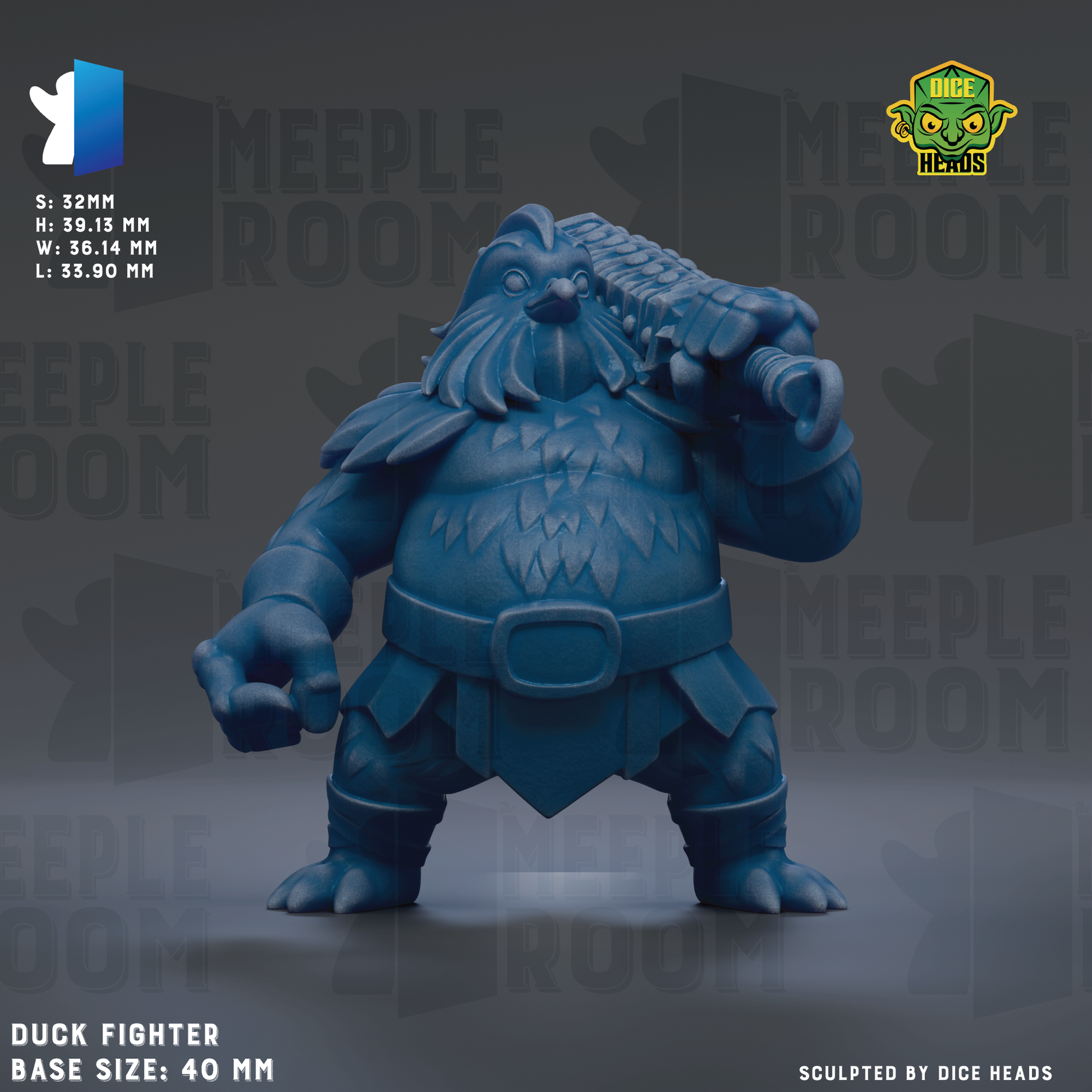 a large, blue, cartoonish figure of a duck fighter with a sword in its hand, standing on a gray surface.