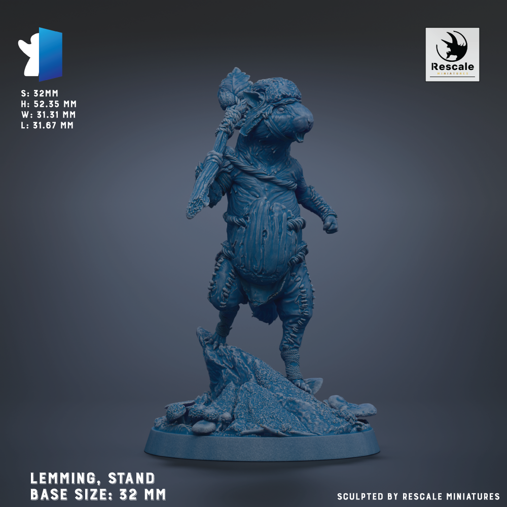 A figurine of a standing, muscular creature with a large head and a long neck, holding a weapon in its hand. The figurine is set against a dark background, and the image is described as a "Lemming, Stand" figurine with a base size of 32 mm.
