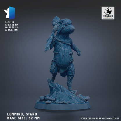 A figurine of a standing, muscular creature with a large head and a long neck, holding a weapon in its hand. The figurine is set against a dark background, and the image is described as a "Lemming, Stand" figurine with a base size of 32 mm.