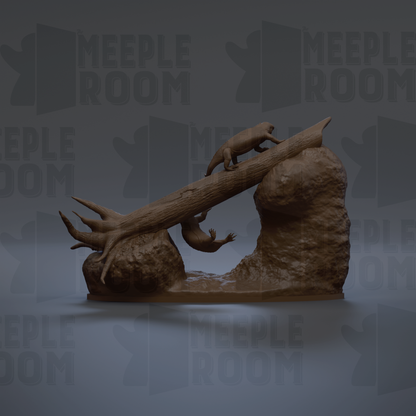 A 3D rendering of a lizard perched on a tree branch, with the lizard's body oriented towards the right side of the image.