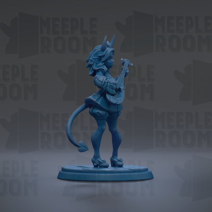 A blue figurine of a person playing a guitar is shown against a dark background with repeated text.