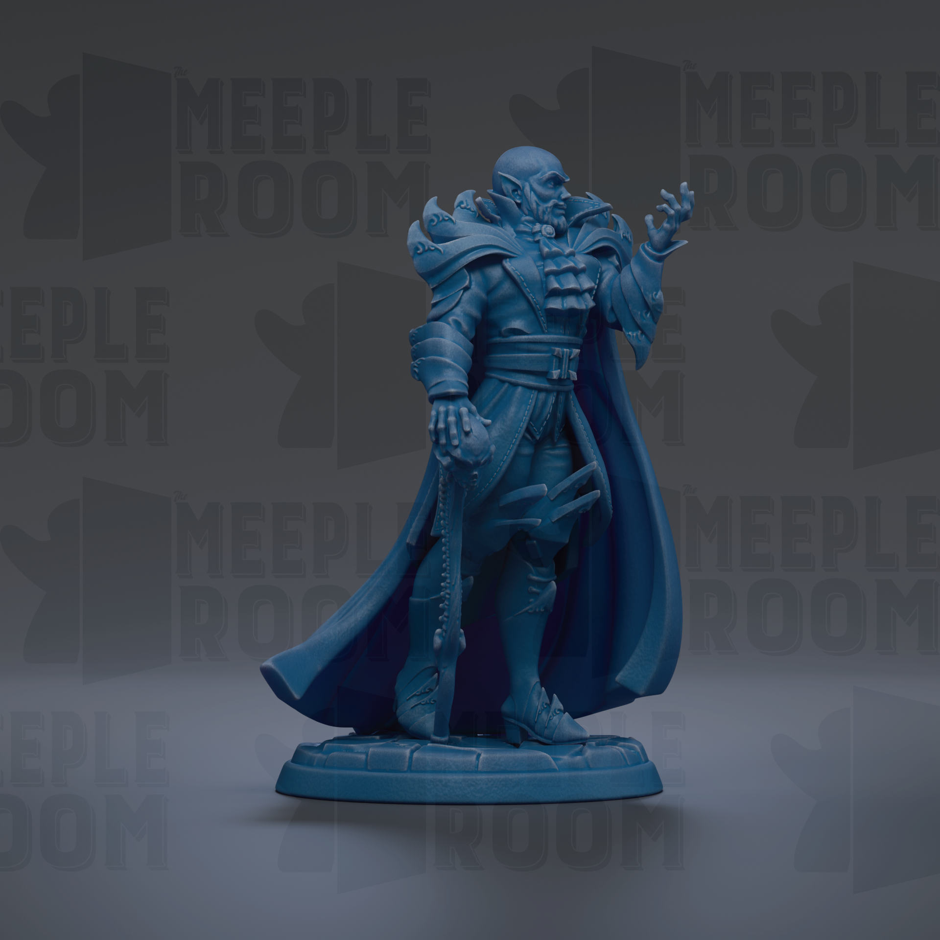 A blue figurine of a character with a cape and sword stands against a dark background with repeated text.