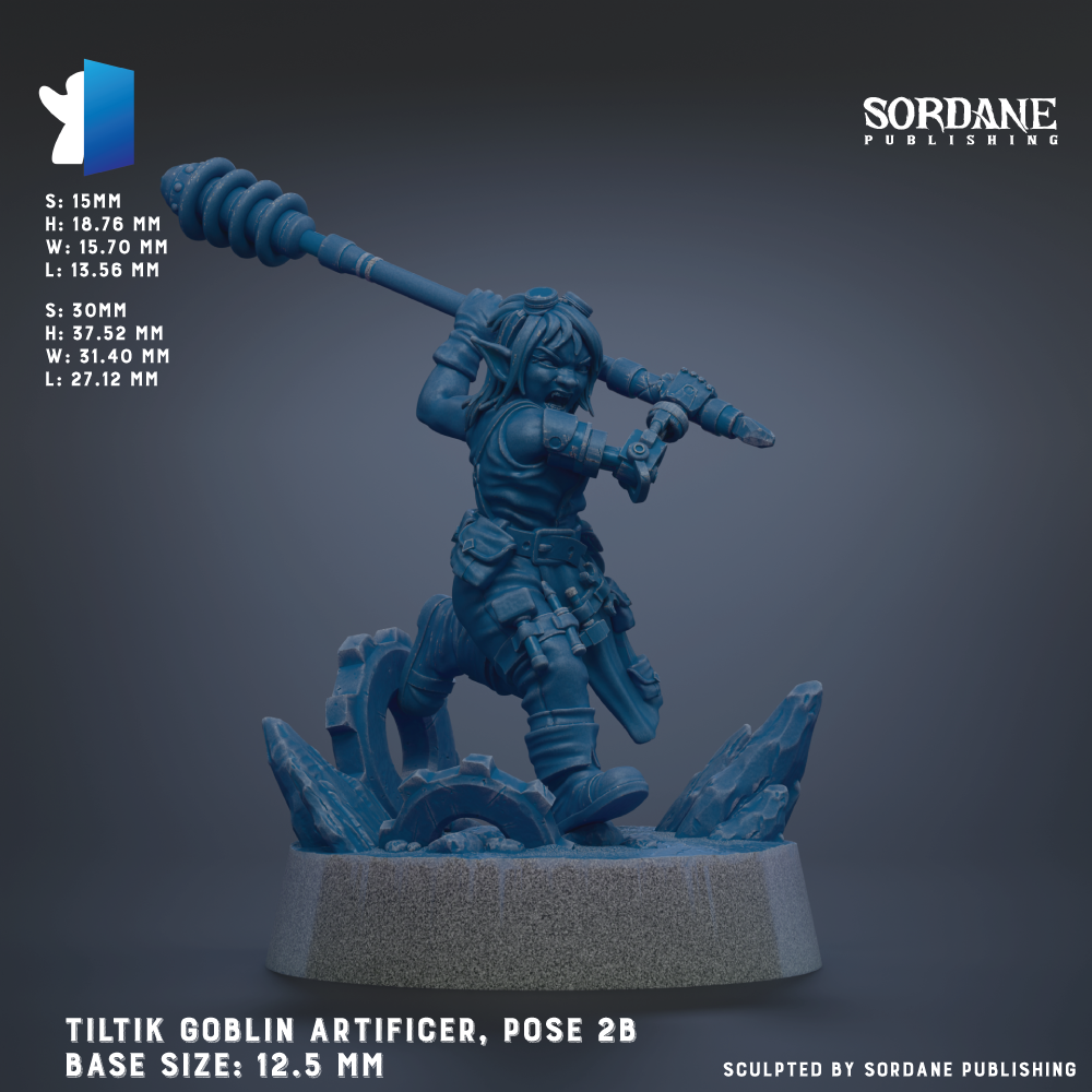 The image is a 3D rendering of a figurine of a character, likely a troll or similar mythical creature, posed on a base. The figurine is depicted in a dynamic pose, with a large weapon in its hand. The image is described as a "TILTIK GOBlin Artificer, Pose 2B" and is published by Sordane Publishing. The base size of the figurine is 12.5 mm.