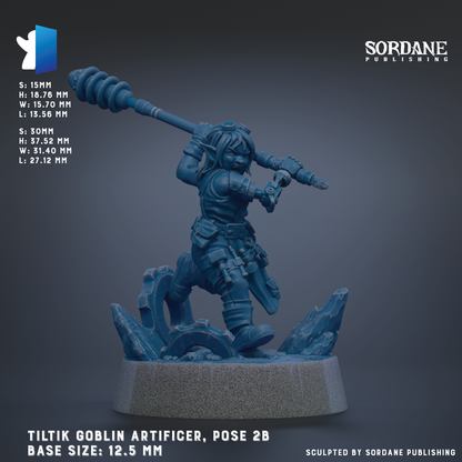 The image is a 3D rendering of a figurine of a character, likely a troll or similar mythical creature, posed on a base. The figurine is depicted in a dynamic pose, with a large weapon in its hand. The image is described as a "TILTIK GOBlin Artificer, Pose 2B" and is published by Sordane Publishing. The base size of the figurine is 12.5 mm.