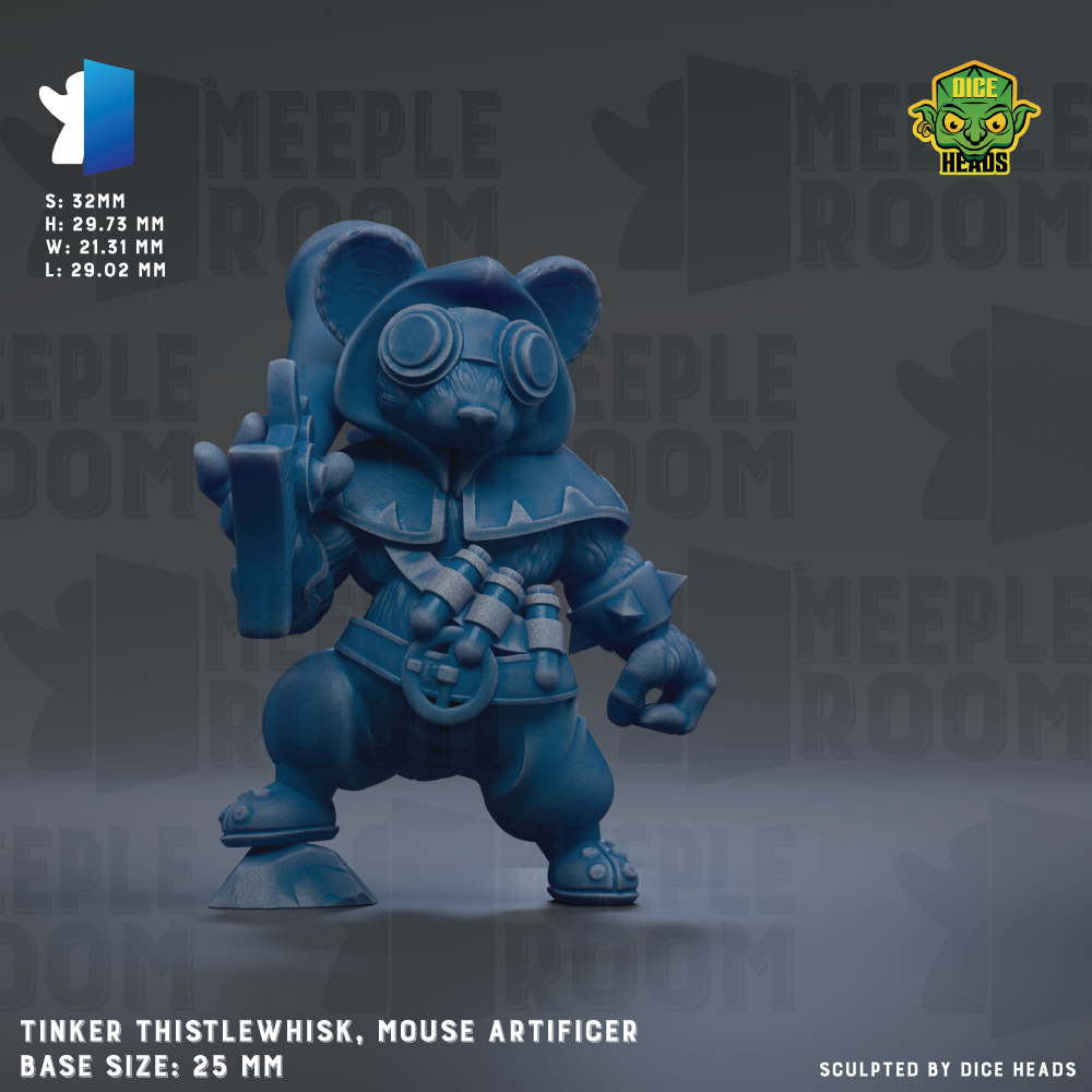 A 3D model of a mouse character in a blue outfit, holding a weapon, against a dark background with repeated text.