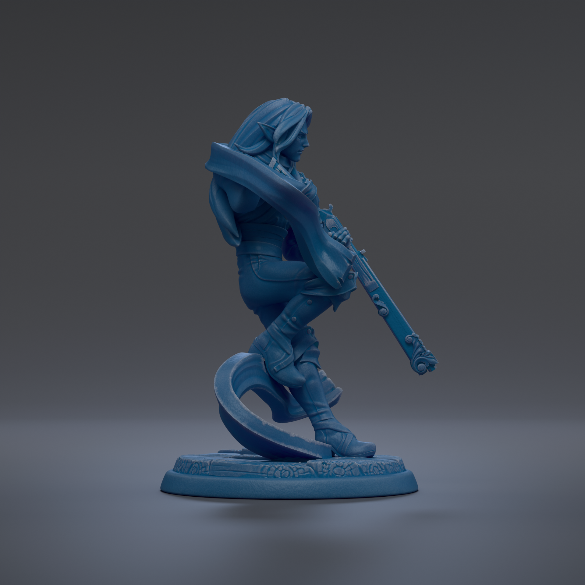 A blue 3D model of a female character holding a weapon, standing on a base with a decorative design.