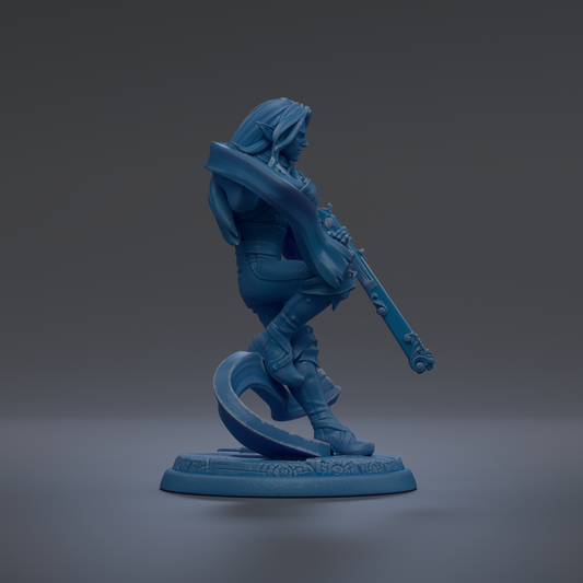 A blue 3D model of a female character holding a weapon, standing on a base with a decorative design.