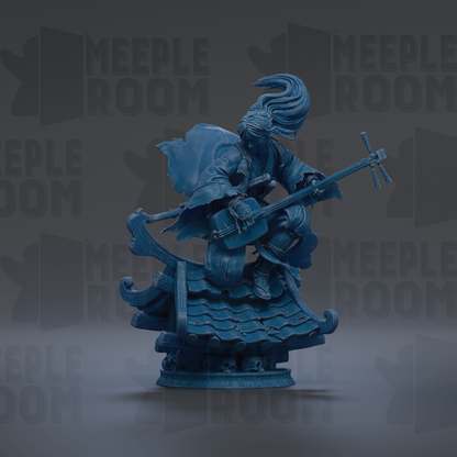 A blue statue of a person playing a musical instrument, possibly a guitar or flute, against a dark background with repeated text.