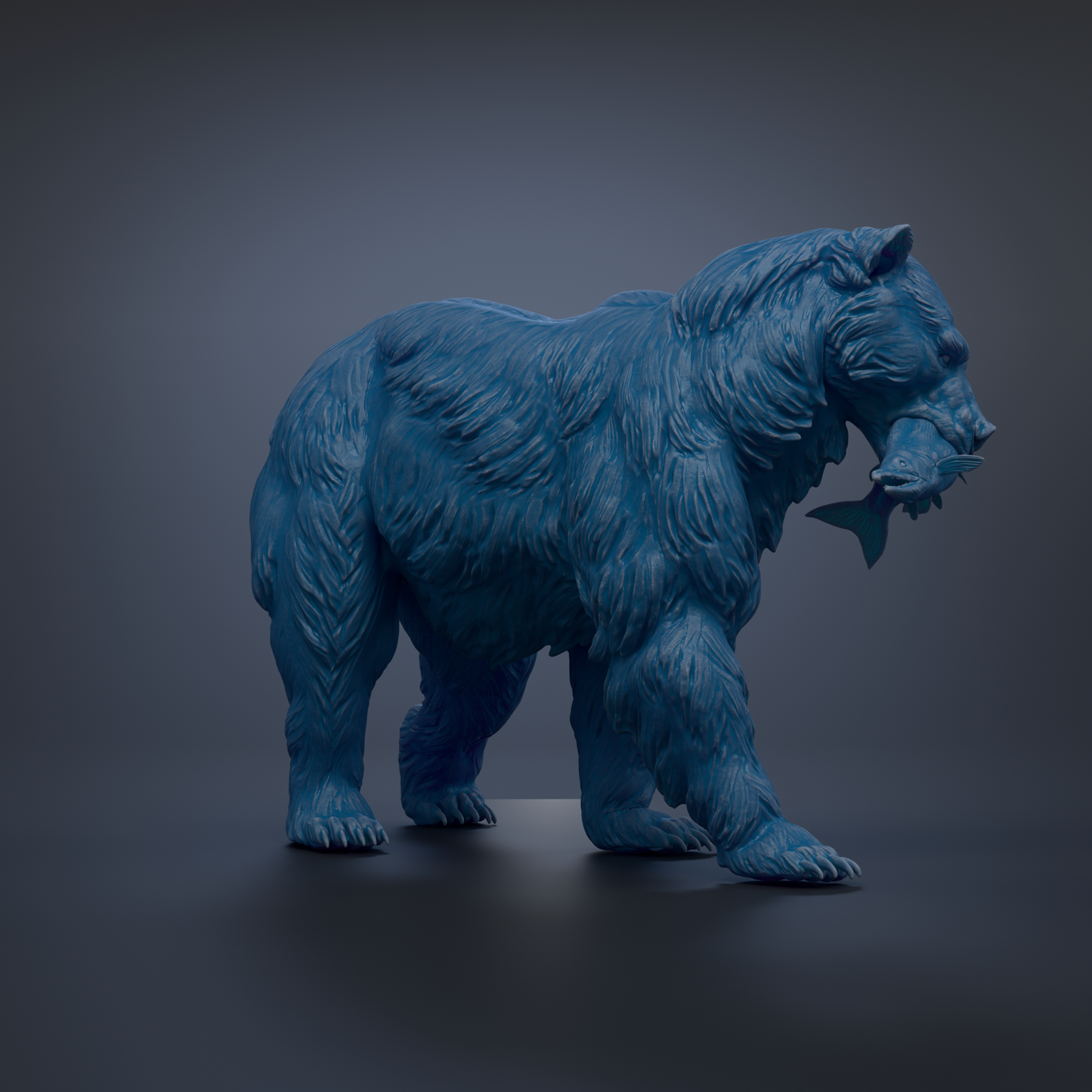 A blue bear statue is depicted in a dynamic pose, holding a fish in its mouth.