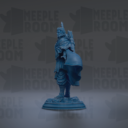 A blue figurine of a person standing on a pedestal against a dark background with repeated text.