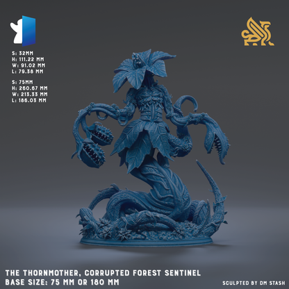 a large, intricate statue of a forest sentinel, with a detailed and intricate design. The statue is made of a dark blue material and is shown in a 3D rendering. The base size of the statue is 75 millimeters or 180 millimeters, depending on the perspective. The statue is described as "The thornmother, Corrupted Forest Sentinel" and is sculpted by an individual.