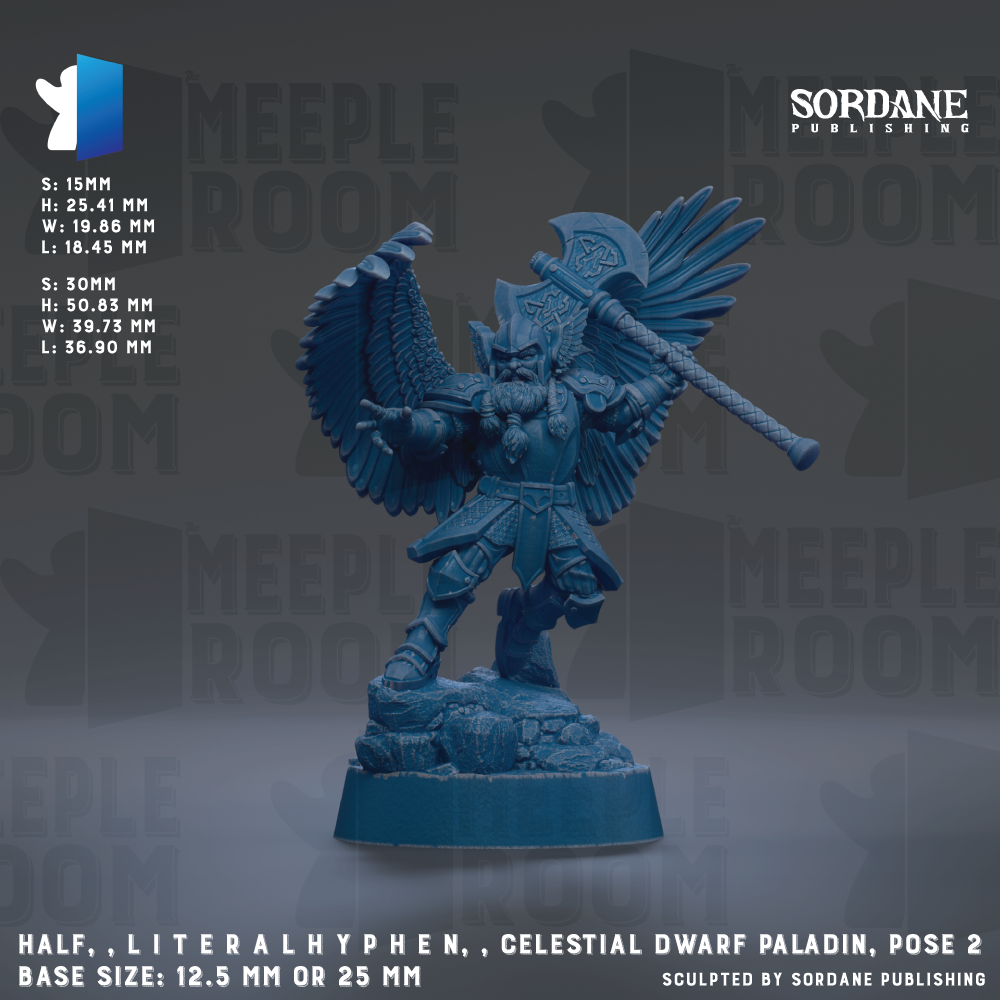 a figurine of a celestial dwarf paladin, posing with wings and a sword, set against a dark background.