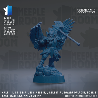 a figurine of a celestial dwarf paladin, posing with wings and a sword, set against a dark background.
