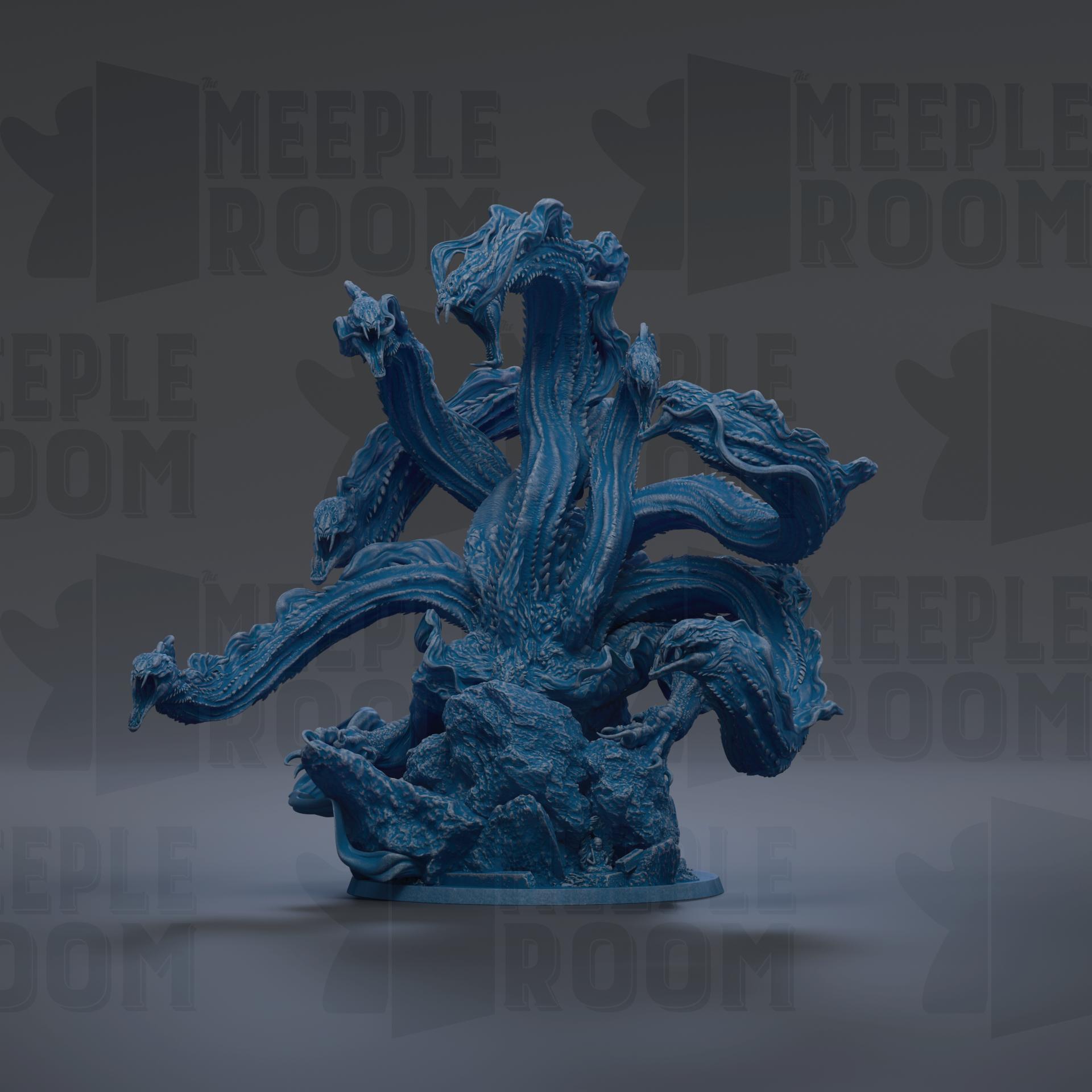 A large, intricate blue sculpture resembling a dragon or sea monster, with multiple tentacles and a fierce expression.