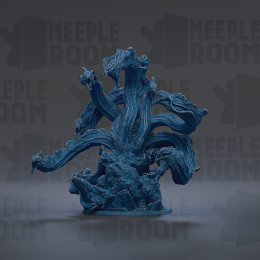 A large, intricate blue sculpture resembling a dragon or sea monster, with multiple tentacles and a fierce expression.