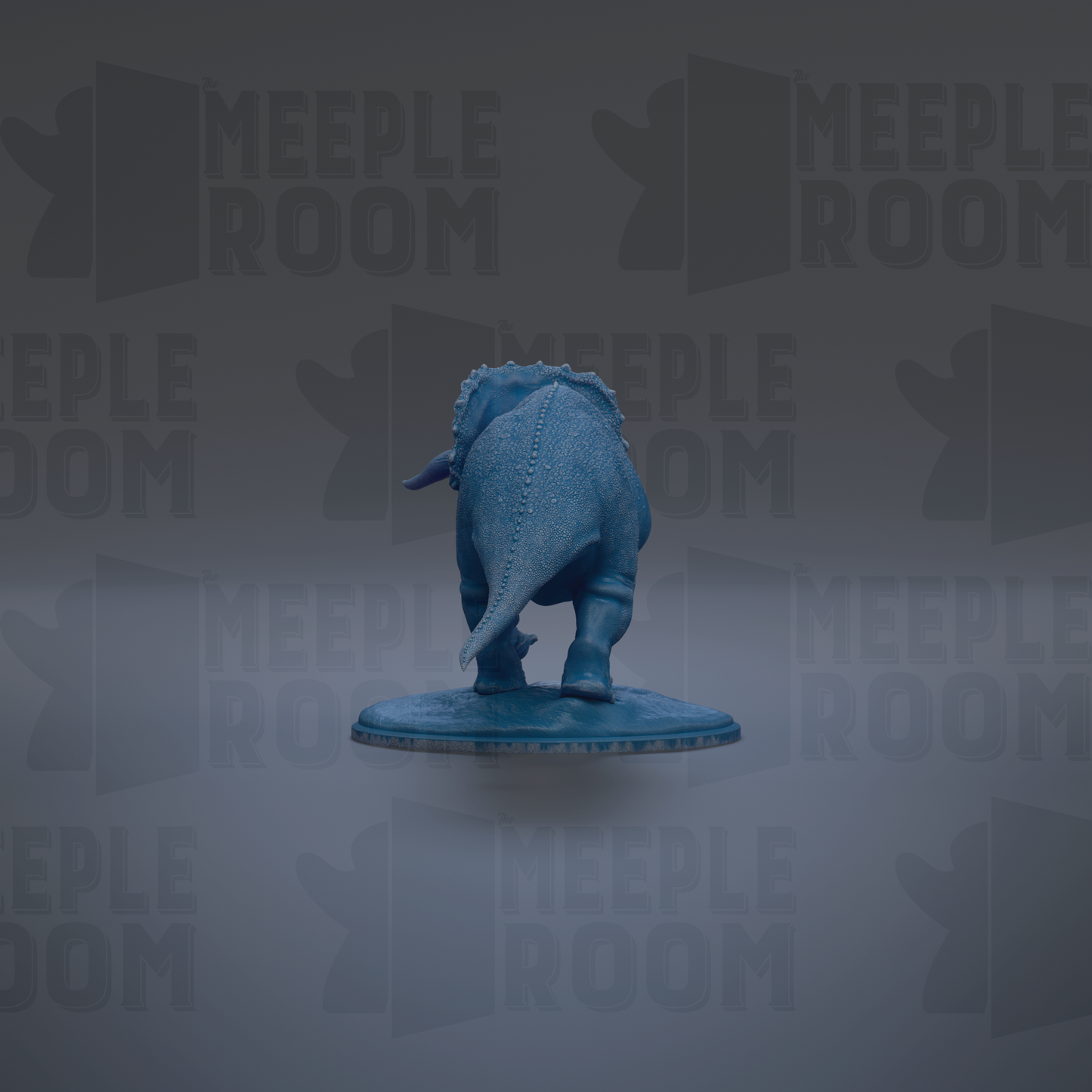 A blue dinosaur figurine is shown against a gray background with repeated text.