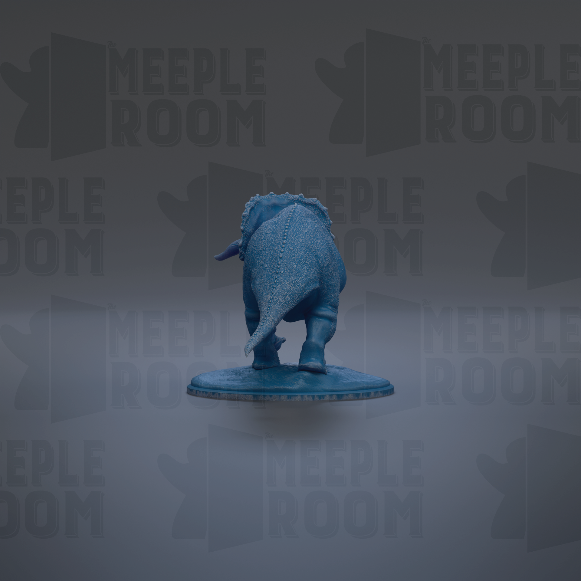 A blue dinosaur figurine is shown against a gray background with repeated text.