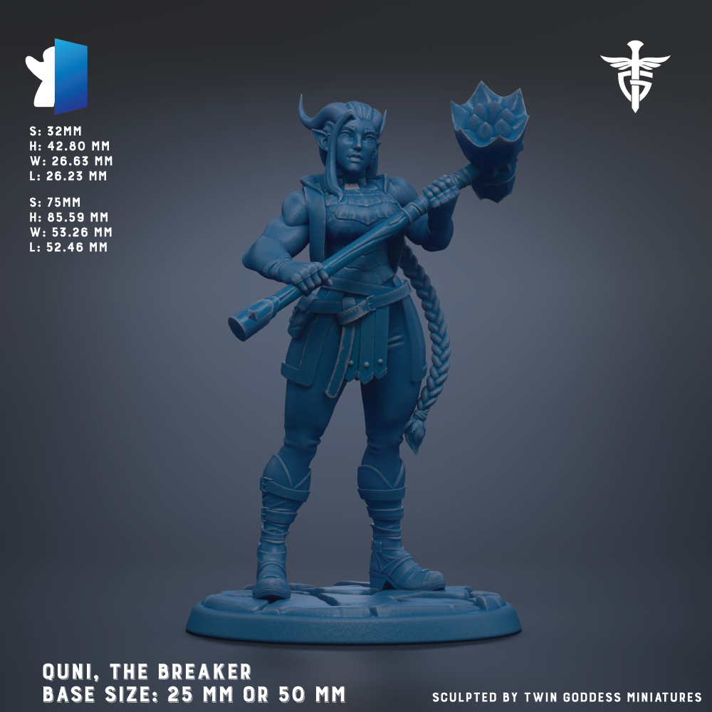 a blue figurine of a warrior figure, specifically the character Quni, the "Breaker". The figurine is shown in a dynamic pose, holding a large hammer in its right hand. The base size of the figurine is 25 mm or 50 mm. The figurine is sculpted by Twin Goddess Miniatures.