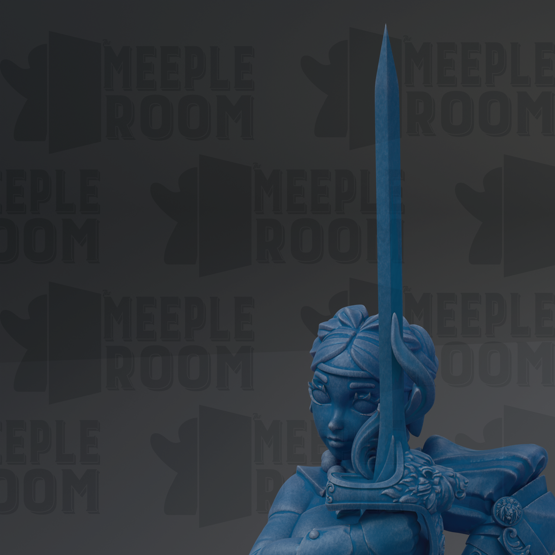 A blue figurine holding a sword stands in front of a repeating pattern of the word "MEUPLEROOM" in the background.