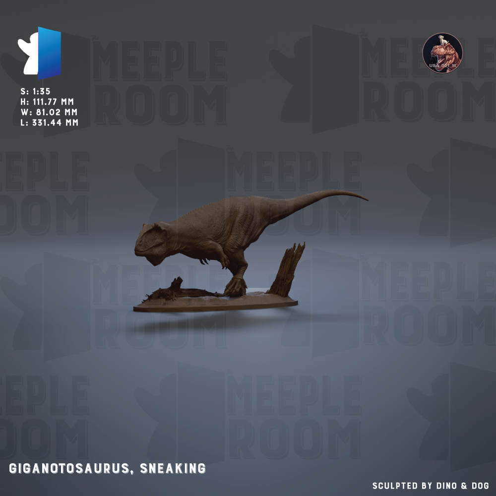 a large dinosaur, specifically a Giganotosaurus, in a stealthy crouching position, possibly hunting or stalking its prey.