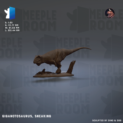 a large dinosaur, specifically a Giganotosaurus, in a stealthy crouching position, possibly hunting or stalking its prey.