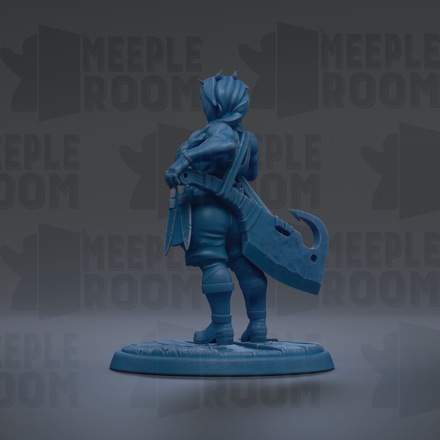 A blue figurine of a person standing on a platform, holding a large weapon.