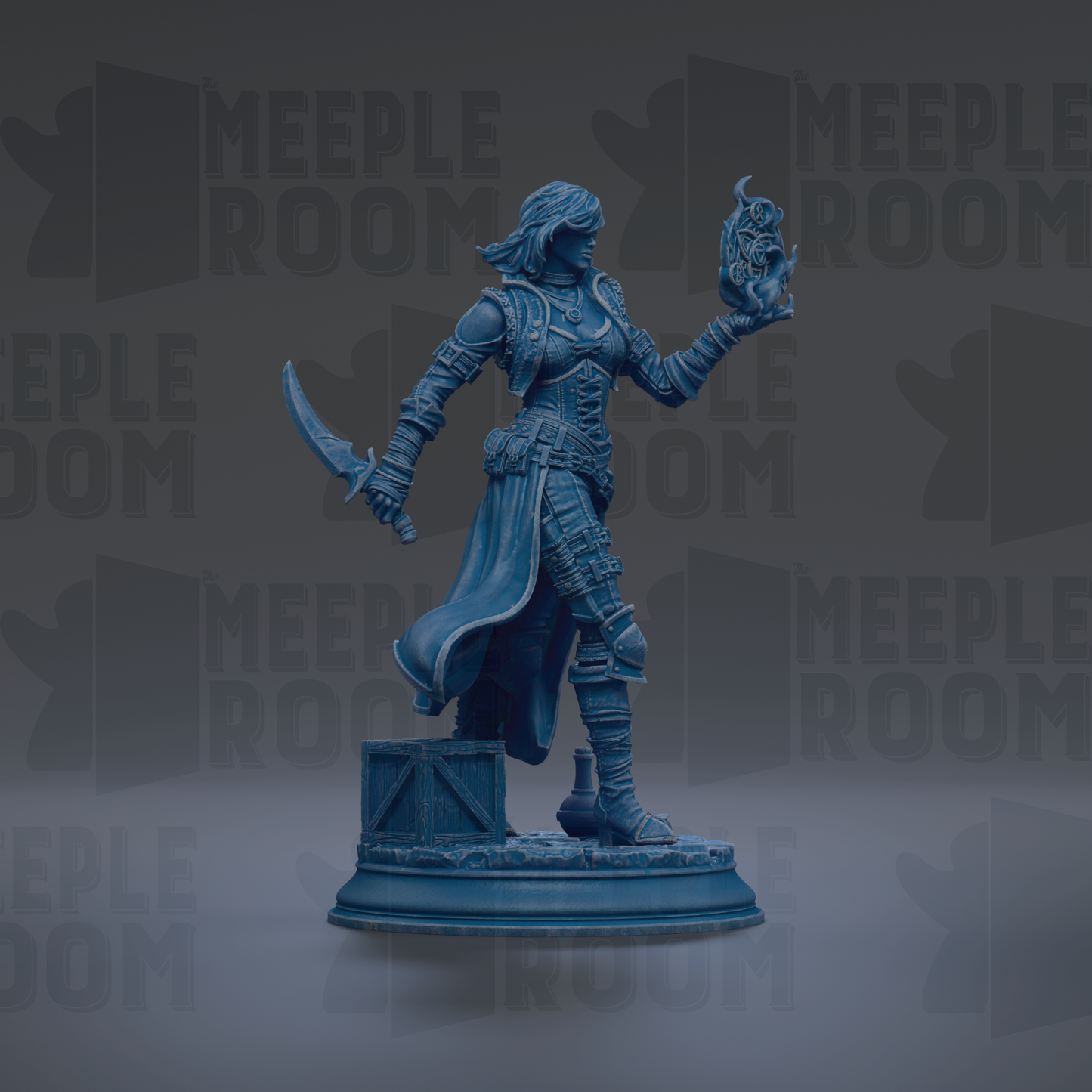 A blue statue of a woman holding a sword and a shield, standing on a pedestal.