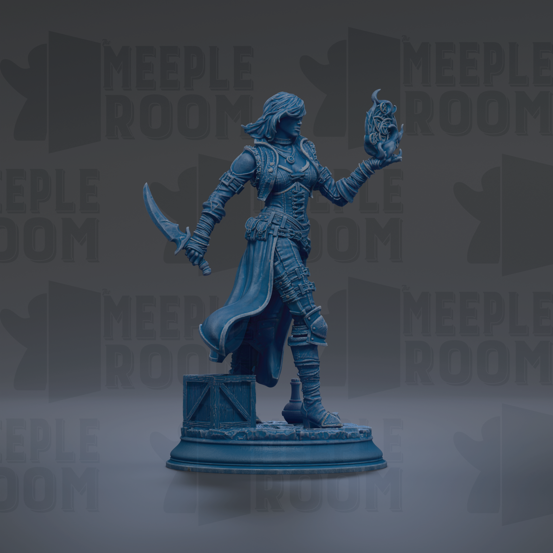 A blue statue of a woman holding a sword and a shield, standing on a pedestal.