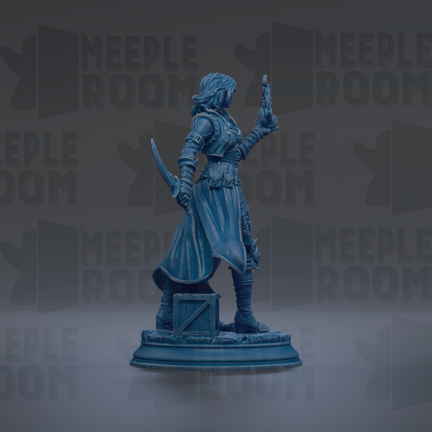 A blue statue of a person holding a sword and shield, standing on a pedestal against a dark background with repeated text.