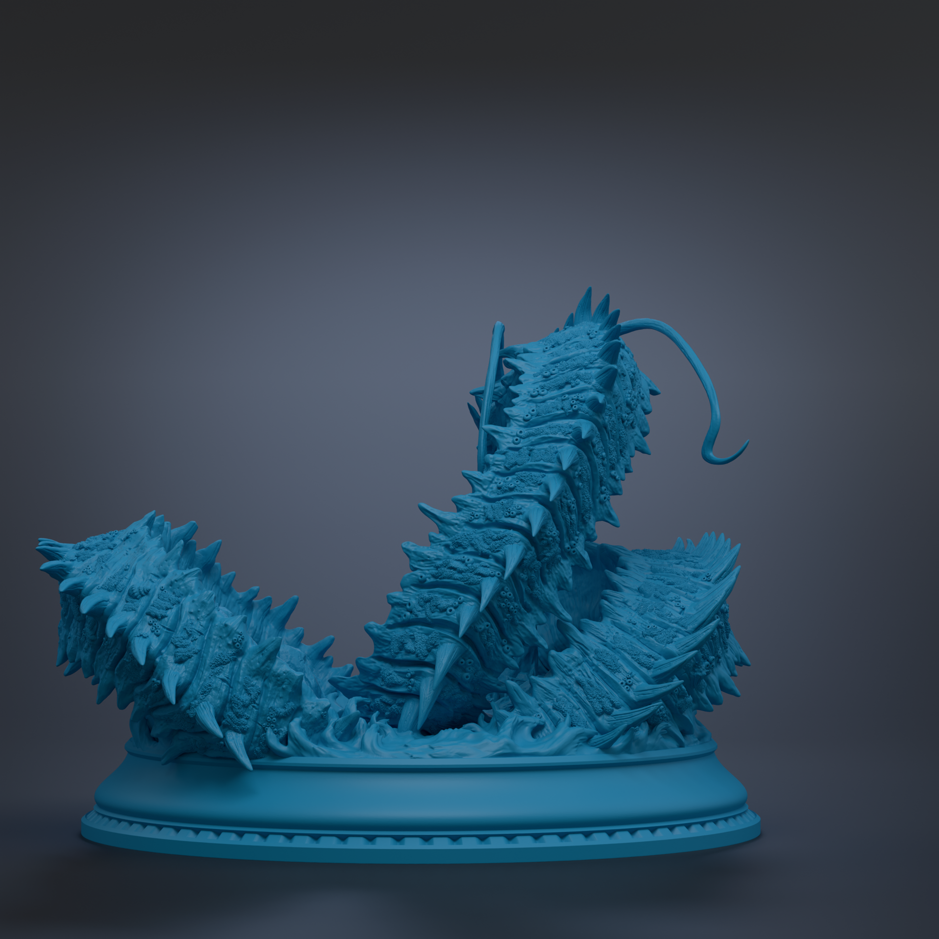 A 3D rendering of a blue, spiky, and textured creature resembling a sea slug or sea slug-like creature, sitting on a blue base or platform.