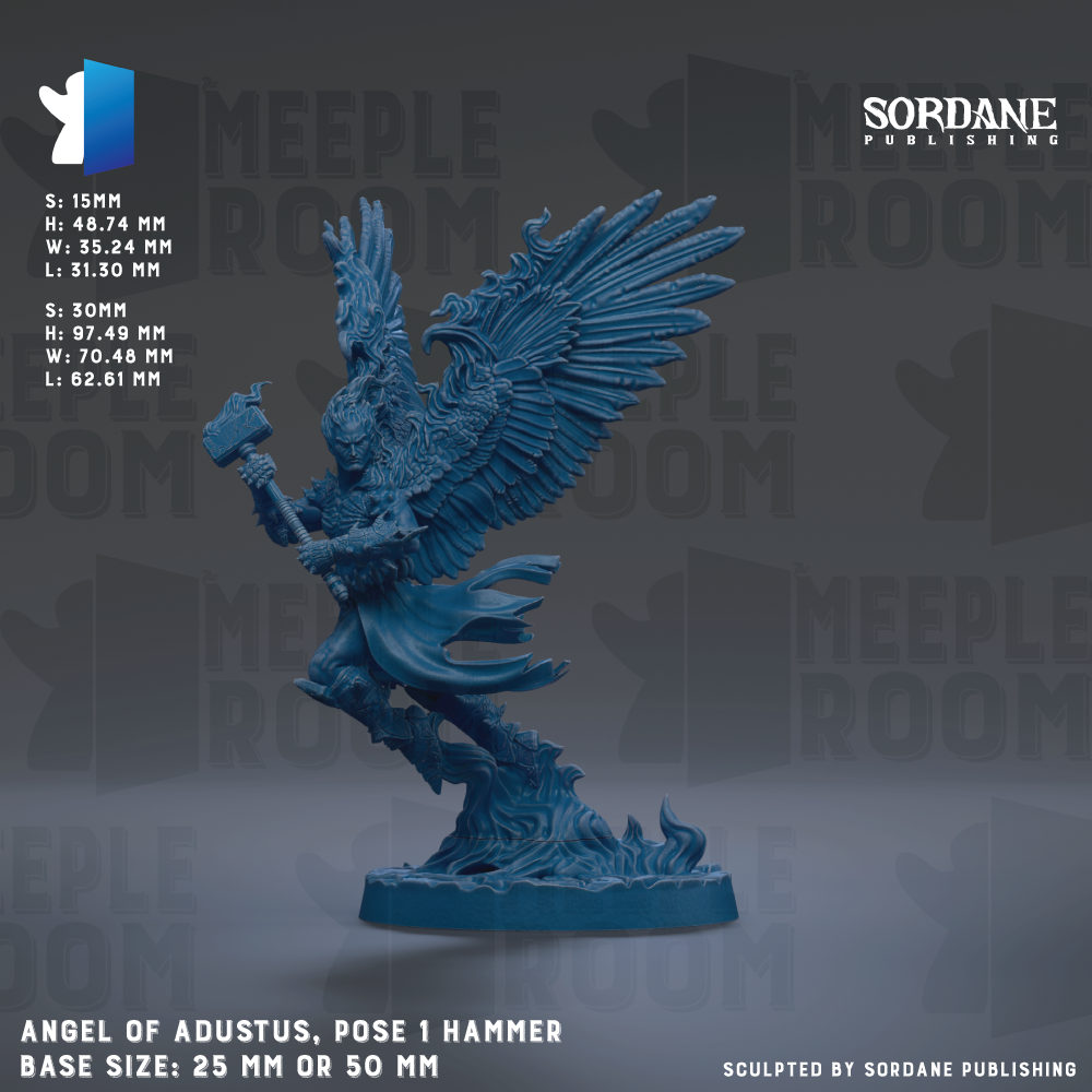 a figurine of an angel with wings, holding a hammer, and standing on a base. The figurine is described as being 25mm or 50mm in size.