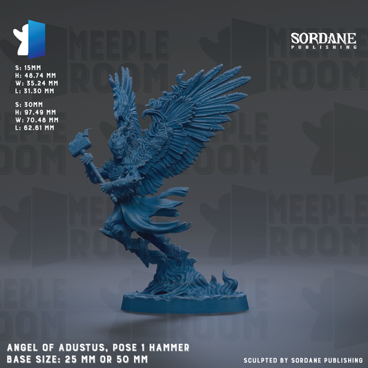 a figurine of an angel with wings, holding a hammer, and standing on a base. The figurine is described as being 25mm or 50mm in size.