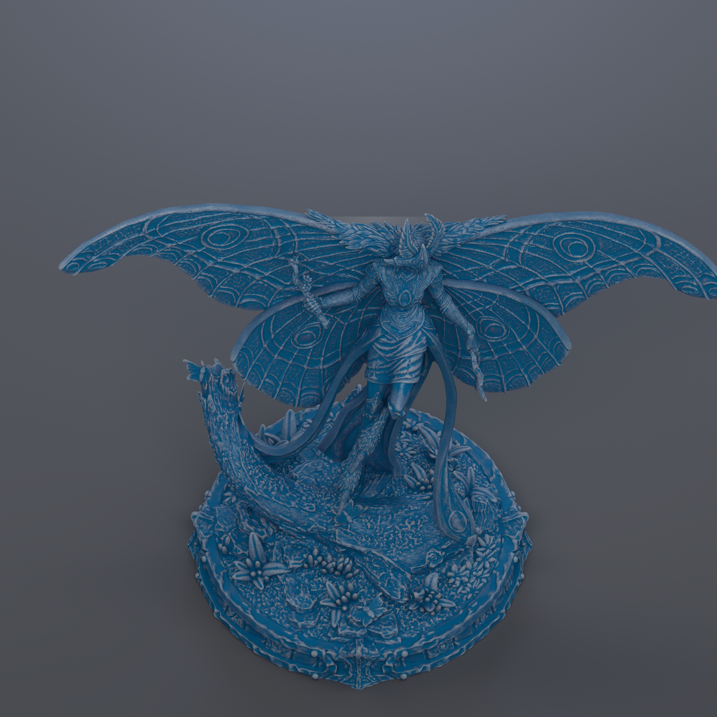 A 3D rendering of a blue butterfly-like creature with intricate wings and a detailed body, standing on a circular base with floral patterns.