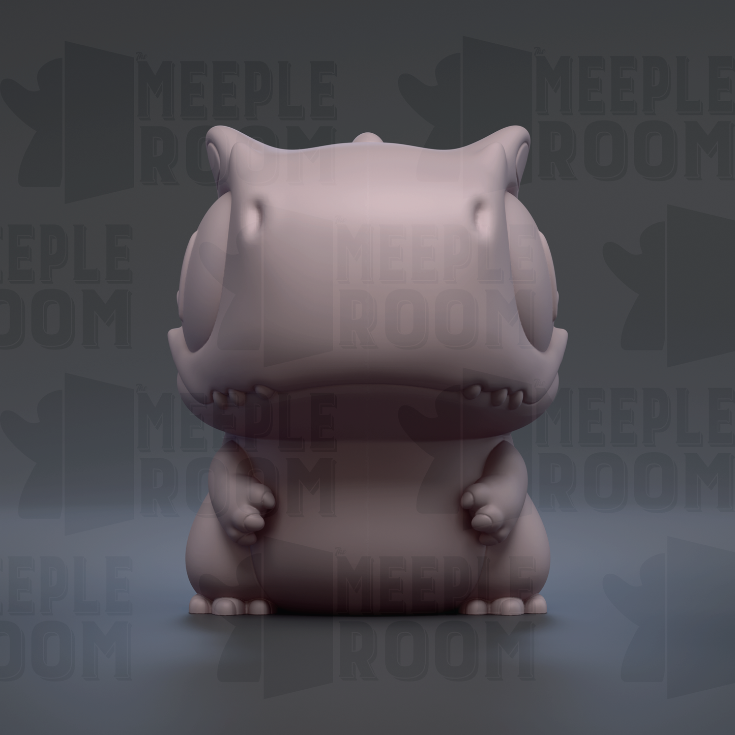 A 3D rendering of a cartoon-like creature with a large head and small body, sitting on a gray surface against a dark background with repeated text.