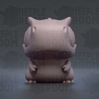 A 3D rendering of a cartoon-like creature with a large head and small body, sitting on a gray surface against a dark background with repeated text.