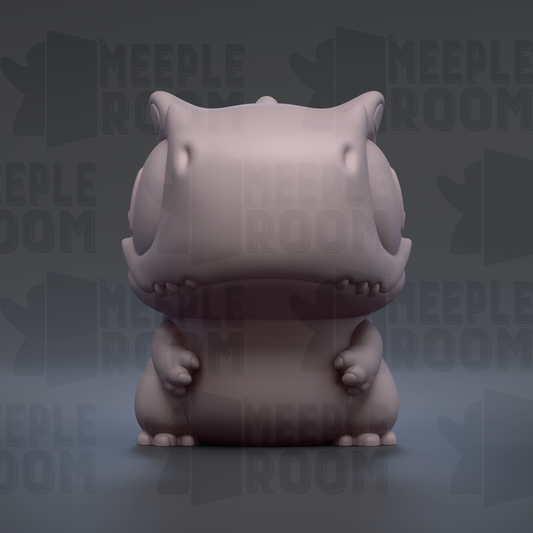 A 3D rendering of a cartoon-like creature with a large head and small body, sitting on a gray surface against a dark background with repeated text.
