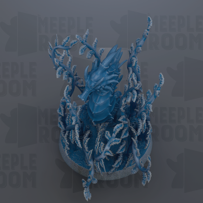 A blue, fantastical creature resembling a dragon or serpent, with intricate details and a textured appearance, is the central focus of the image.