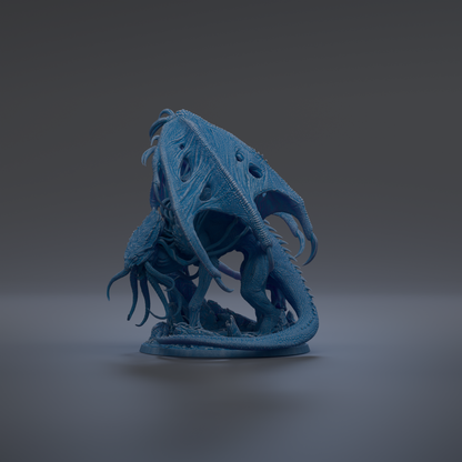 A 3D rendering of a blue, winged creature with intricate details, possibly a fantastical or mythical creature.